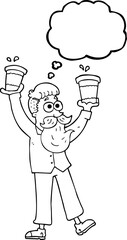 freehand drawn thought bubble cartoon man with coffee cups