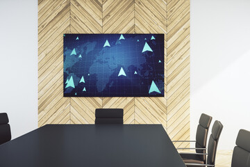 World map and pins hologram on presentation tv screen in a modern meeting room. Geolocation tracking and transportation concept. 3D Rendering