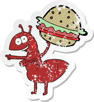 retro distressed sticker of a cartoon ant carrying food
