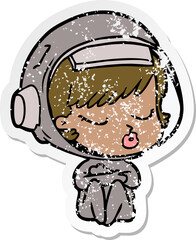 distressed sticker of a cartoon pretty astronaut girl