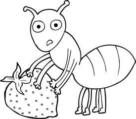 freehand drawn black and white cartoon ant with berry