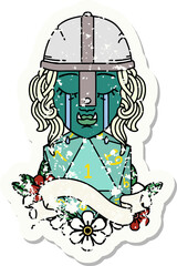 Retro Tattoo Style crying orc fighter character face with natural one d20 roll