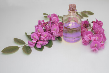 Obraz na płótnie Canvas Lilac colored Acacia flower perfume on a white background