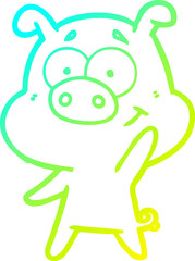 cold gradient line drawing of a happy cartoon pig