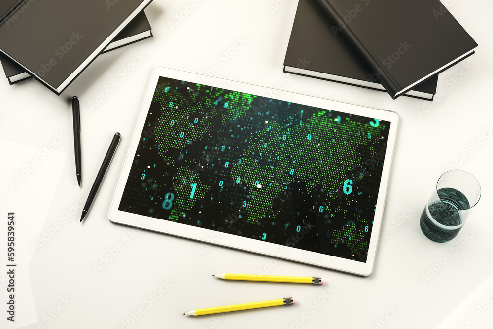 Leinwandbilder top view of modern digital tablet monitor with abstract programming language hologram and world map,