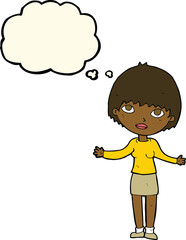 cartoon woman shrugging  with thought bubble