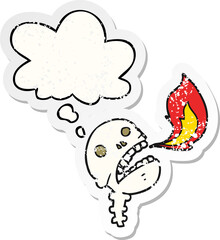 cartoon spooky halloween skull with thought bubble as a distressed worn sticker
