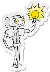 retro distressed sticker of a cartoon robot with light bulb
