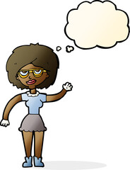 cartoon waving woman wearing spectacles with thought bubble