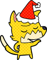 friendly hand drawn comic book style illustration of a fox wearing santa hat