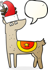 freehand drawn speech bubble cartoon reindeer wearing christmas hat