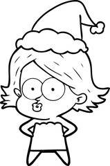 hand drawn line drawing of a girl pouting wearing santa hat