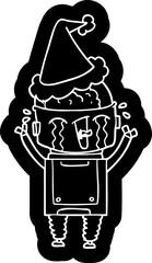 quirky cartoon icon of a crying robot wearing santa hat