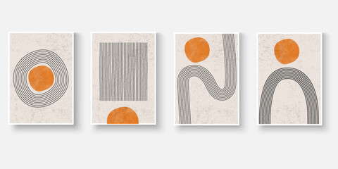 Set of wall art abstract Illustrations. Modern stripes line art with moon sun shape. Mid century decorative composition vector illustration.