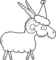 hand drawn line drawing of a goat wearing santa hat