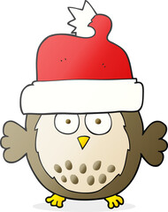 freehand drawn cartoon owl wearing christmas hat