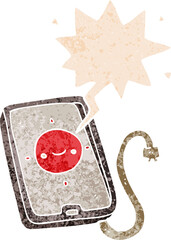 cartoon mobile phone device with speech bubble in grunge distressed retro textured style