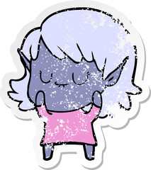 distressed sticker of a happy cartoon elf girl wearing dress