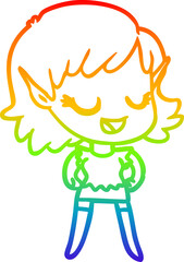 rainbow gradient line drawing of a happy cartoon elf girl