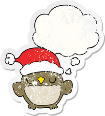 cute christmas owl with thought bubble as a distressed worn sticker