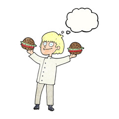 freehand drawn thought bubble textured cartoon chef with burgers