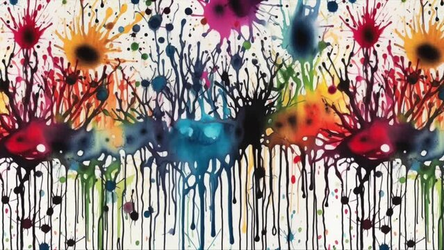 Color Explosion: Looping Texture of Vibrant Ink Splatters on White