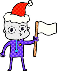 hand drawn comic book style illustration of a weird bald spaceman with flag wearing santa hat