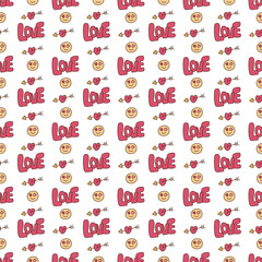 Seamless pattern in y2k style with love text, smile face and arrow. Cartoon flat color vector illustration.