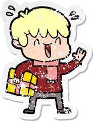 distressed sticker of a cartoon laughing boy