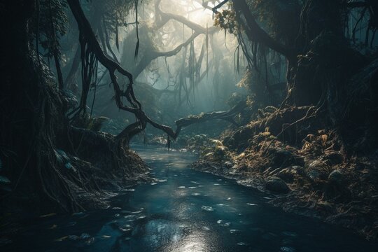 Dreamlike Landscape Of A Blue Jungle Forest. Generative AI