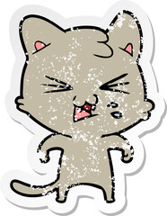 distressed sticker of a cartoon hissing cat