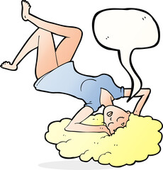 cartoon woman lying on floor with speech bubble