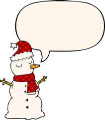cartoon snowman with speech bubble in comic book style