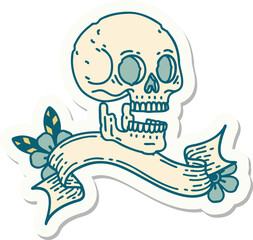 tattoo style sticker with banner of a skull
