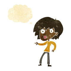 cartoon surprised woman pointing with thought bubble