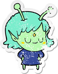 distressed sticker of a cartoon alien girl