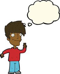 cartoon man giving peace sign with thought bubble