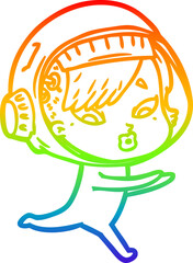 rainbow gradient line drawing of a cartoon astronaut woman