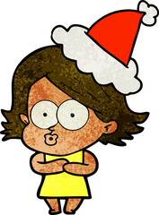 hand drawn textured cartoon of a girl pouting wearing santa hat