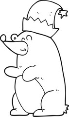 freehand drawn black and white cartoon bear wearing christmas hat