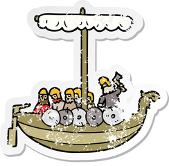 distressed sticker of a cartoon vikings sailing