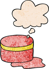 cartoon beauty lotion tub with thought bubble in grunge texture style