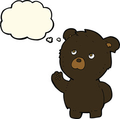 cartoon waving black bear with thought bubble