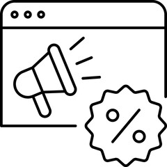 Online promotion: megaphone on web page and price reduction. Sale. E-commerce, digital marketing. Thin line icon. Vector illustration.
