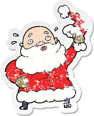 distressed sticker of a cartoon santa claus waving hat