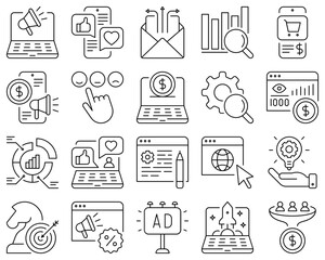 Digital marketing thin line icon set. Social media, advertising, e-mail marketing, e-commerce, online shopping, conversion, start up, promotion. Vector illustration