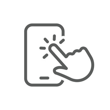 recommend clip art: Phone touchscreen and hand line vector icon. Click, tap smartphone screen outline symbol.