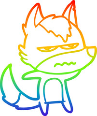 rainbow gradient line drawing of a cartoon annoyed wolf