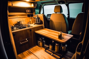 Family car suv conversion camper, interior conversion effect, Van life concept, ai generative