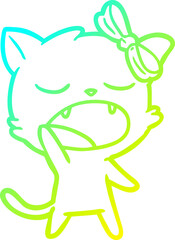 cold gradient line drawing of a cartoon yawning cat